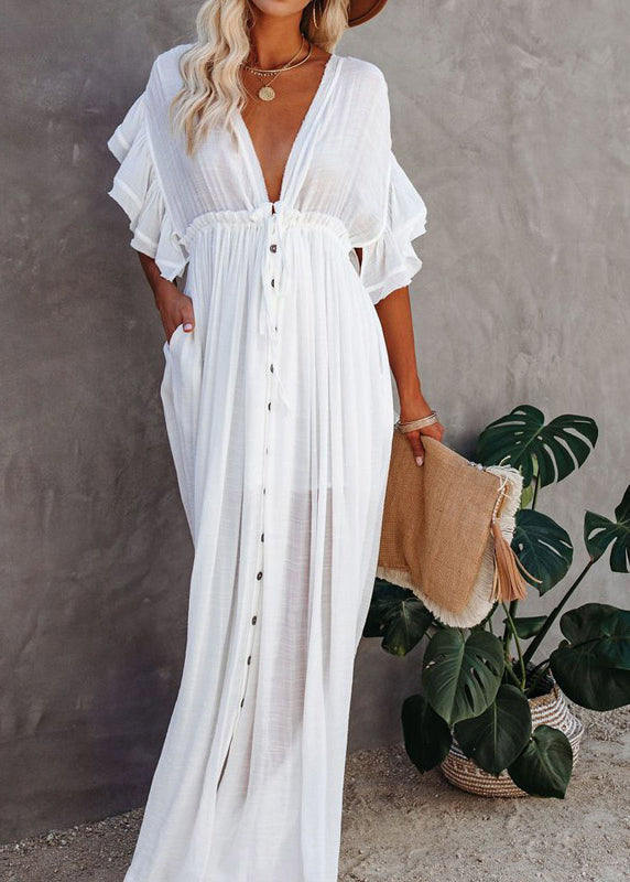 Dress Neck White Button V French Maxi Short Sleeve FashionChic