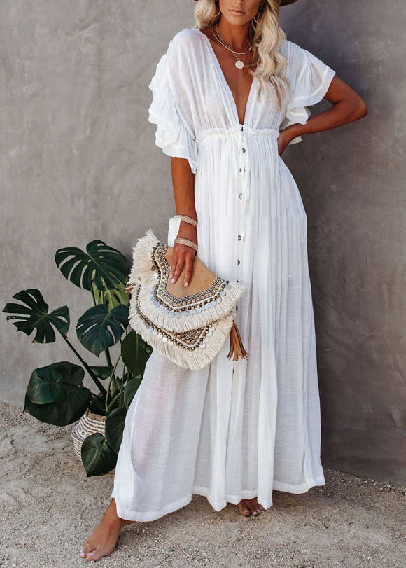 Dress Neck White Button V French Maxi Short Sleeve FashionChic