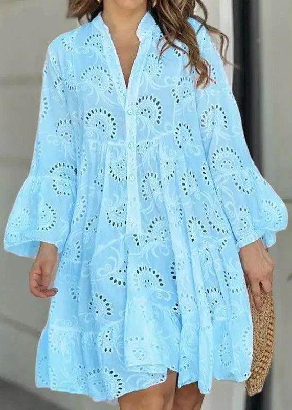 White V Holiday French Hollow Dress Neck Out Lace Long Fall FashionChic