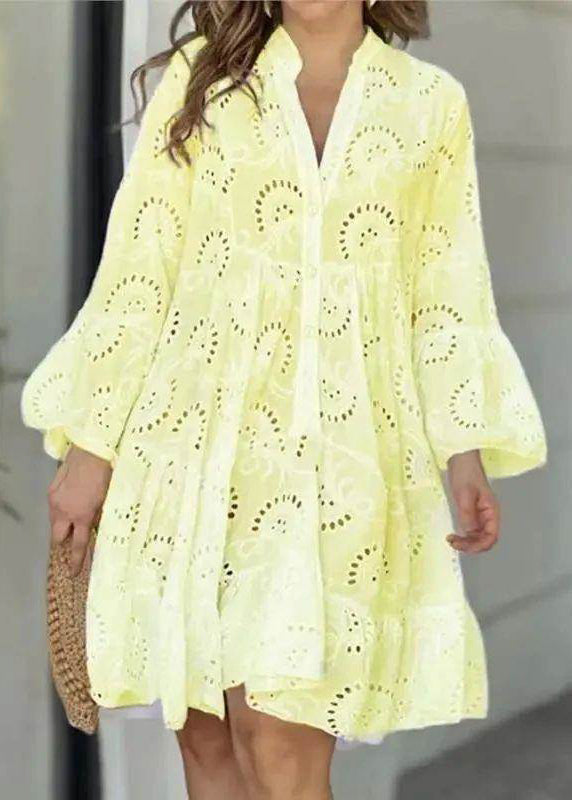 White V Holiday French Hollow Dress Neck Out Lace Long Fall FashionChic