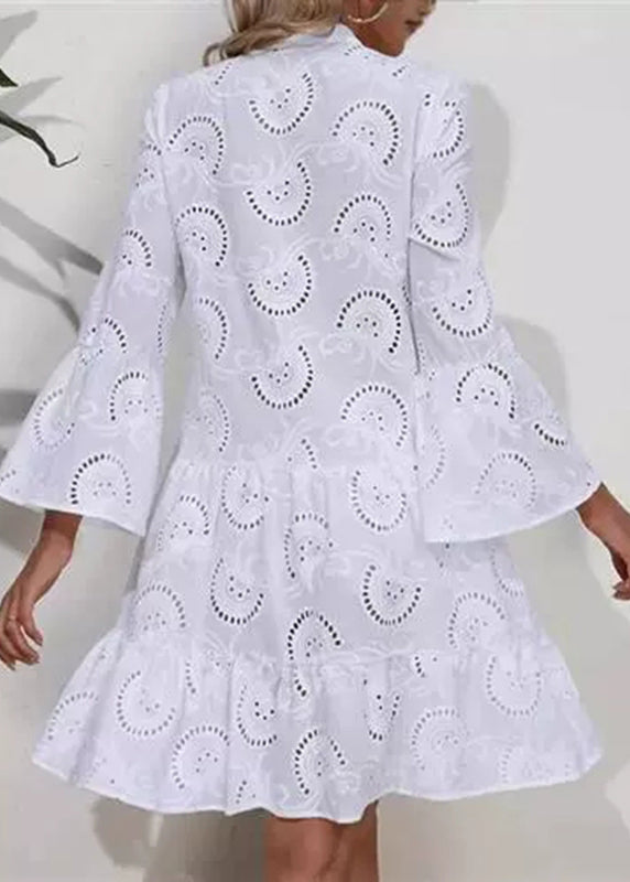 White V Holiday French Hollow Dress Neck Out Lace Long Fall FashionChic