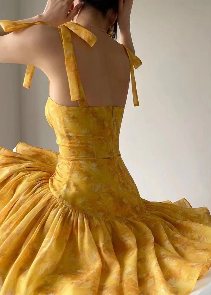 French Yellow Embroidered Slim Fit Strap Dresses Summer EE1001 SH-LF-SDM240517