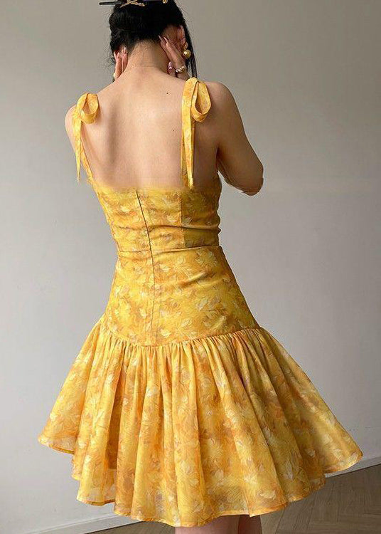 French Yellow Embroidered Slim Fit Strap Dresses Summer EE1001 SH-LF-SDM240517
