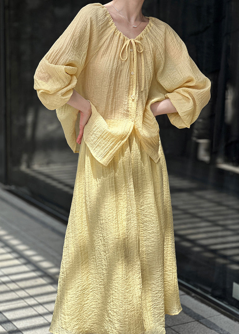 French Yellow Lace Up Tops And Skirts Cotton Two Pieces Set Spring YZ030 ABC