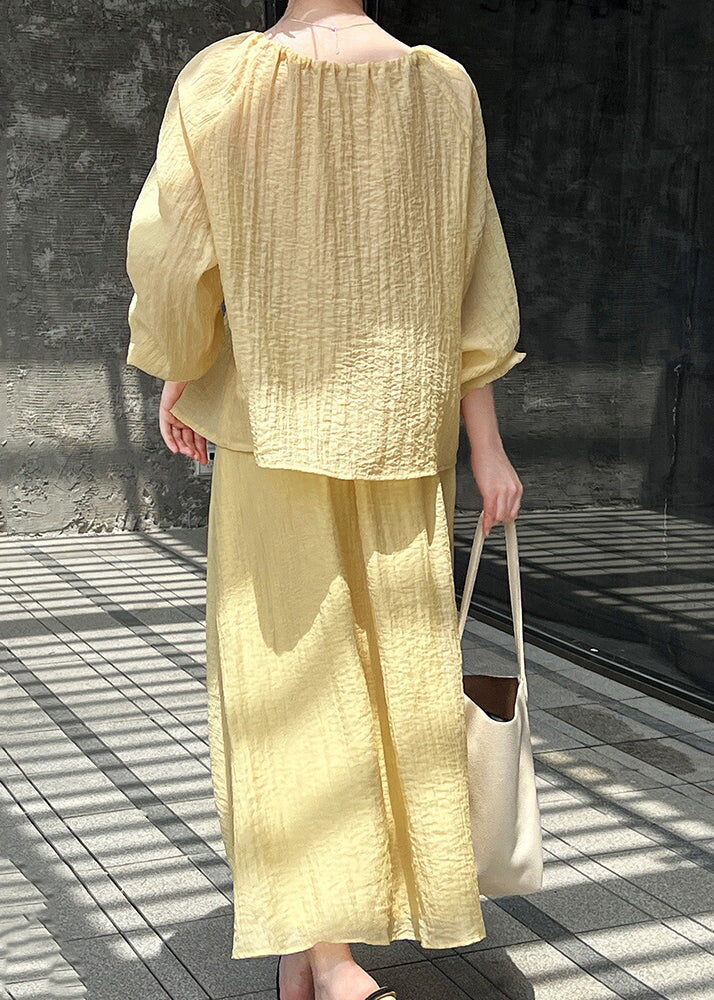 French Yellow Lace Up Tops And Skirts Cotton Two Pieces Set Spring YZ030 ABC