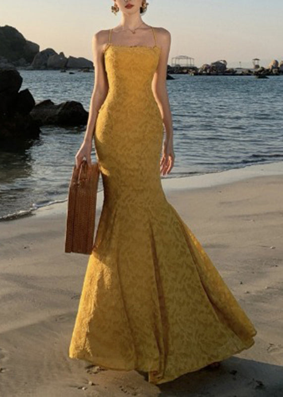 Dress Print French Yellow Maxi Spaghetti Strap Fishtail FashionChic