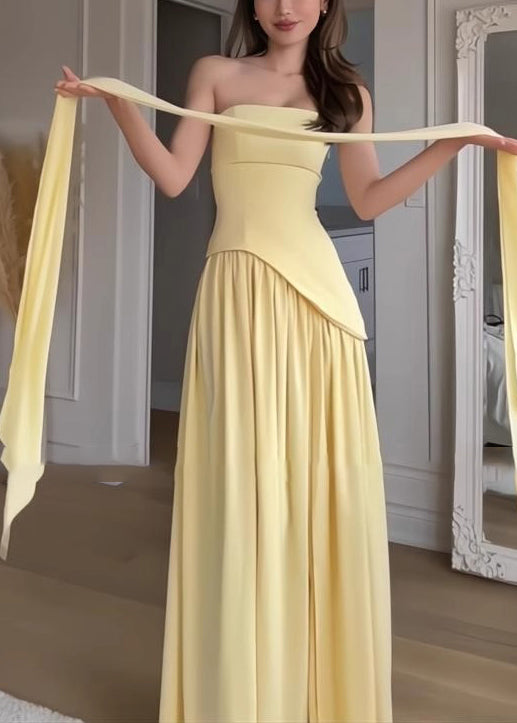 Summer French Yellow Side Strapless Patchwork Open Dress FashionChic