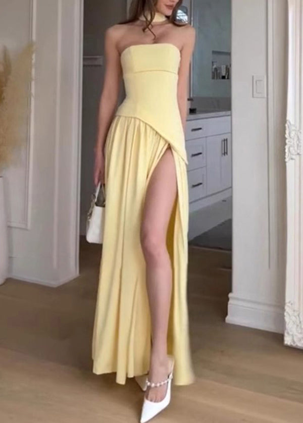 Summer French Yellow Side Strapless Patchwork Open Dress FashionChic