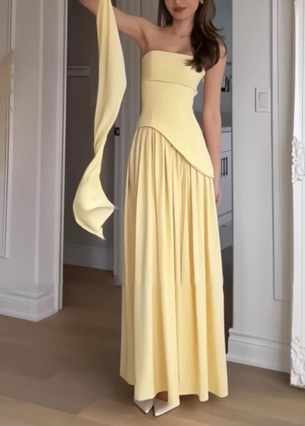 Summer French Yellow Side Strapless Patchwork Open Dress FashionChic