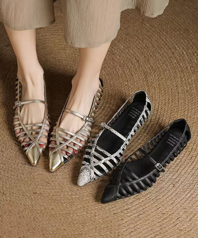 Splicing Cowhide Gold Sandals Toe Out Leather Hollow Pointed FashionChic