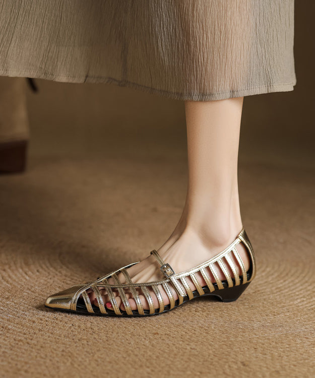 Splicing Cowhide Gold Sandals Toe Out Leather Hollow Pointed FashionChic