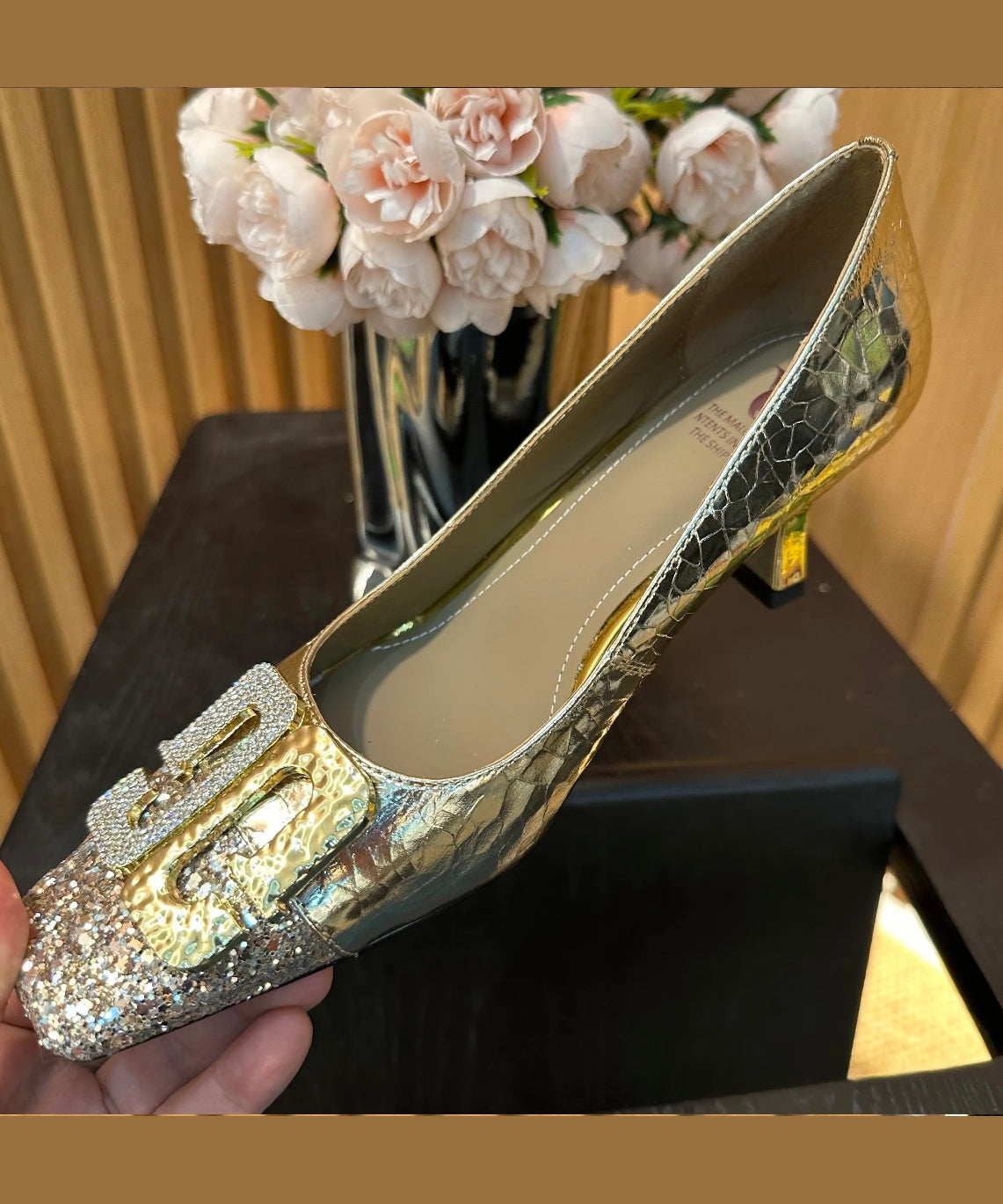 High Splicing Chic Gold Toe Heels Square Zircon Chunky FashionChic