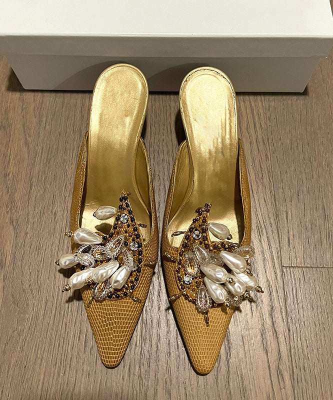 Bead French 2025 New Slide Pointed Sandals Decorated Toe Golden FashionChic