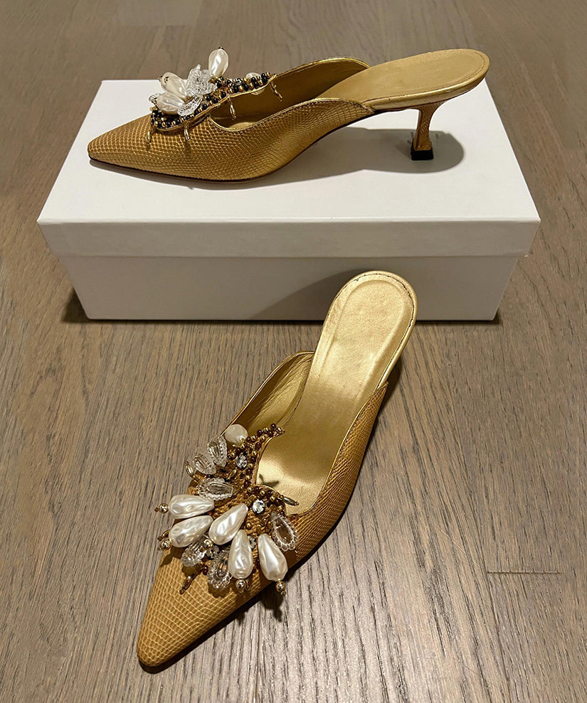 Bead French 2025 New Slide Pointed Sandals Decorated Toe Golden FashionChic