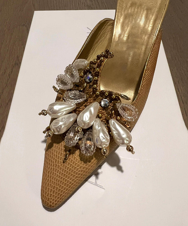 Bead French 2025 New Slide Pointed Sandals Decorated Toe Golden FashionChic