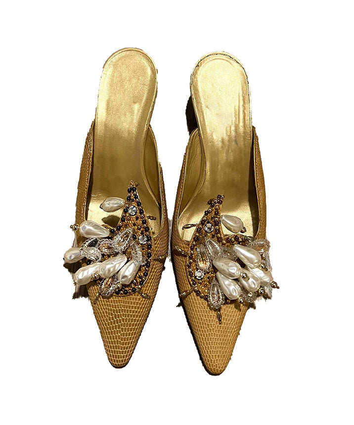 Bead French 2025 New Slide Pointed Sandals Decorated Toe Golden FashionChic