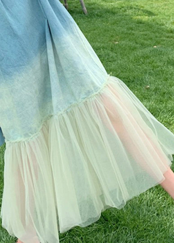 Gradient Color Blue Tulle Patchwork Spaghetti Strap Long Dress Short Sleeve UU1025 SH-LF-SDL240526