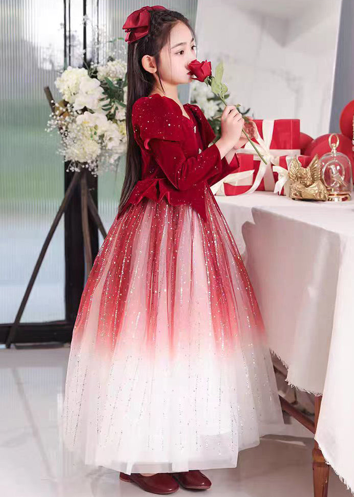 Red Color Patchwork Tulle Long Dress Wrinkled Gradient Girls FashionChic