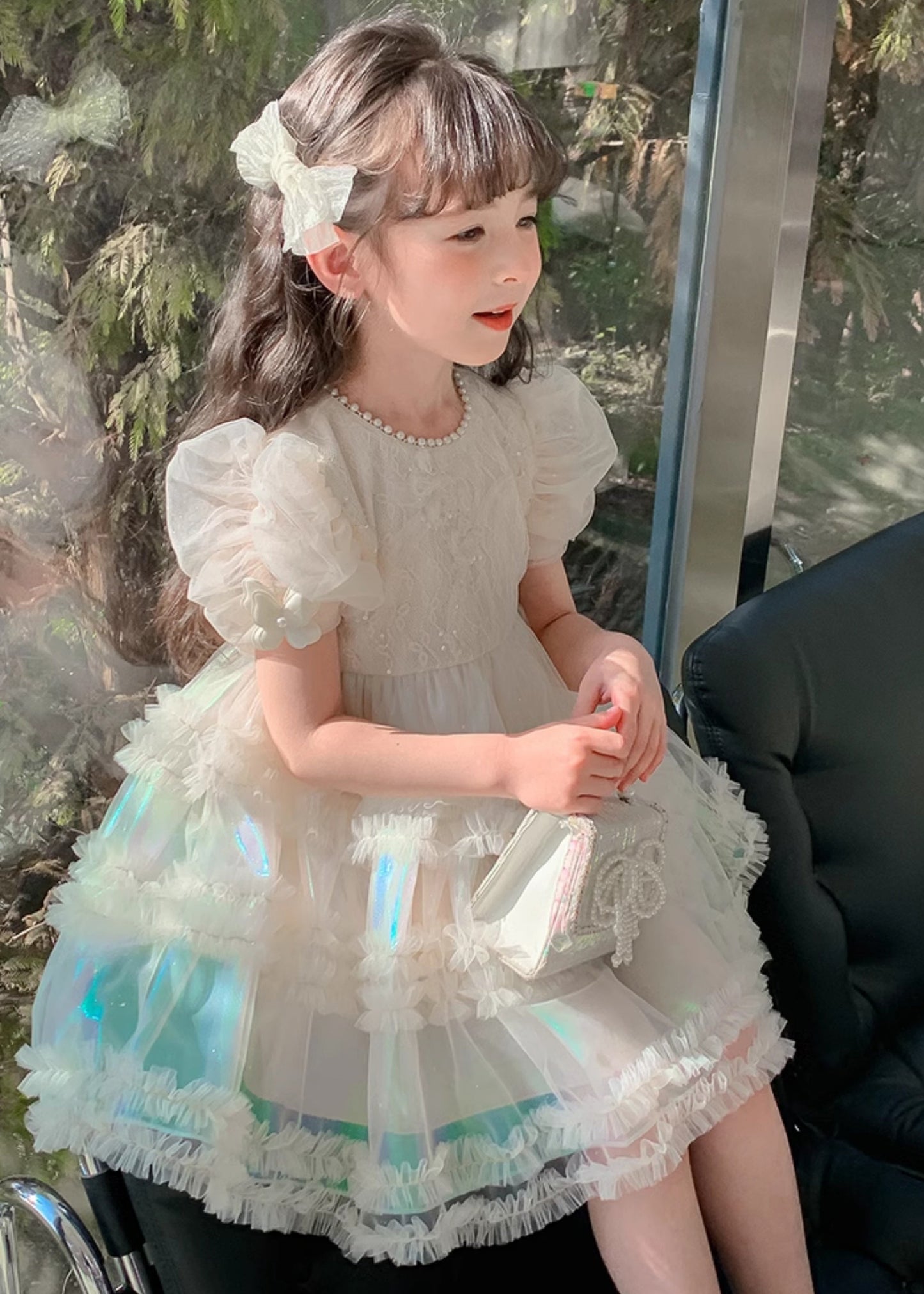 Gradient Color White Ruffled Patchwork Nail Bead Tulle Kids Long Dress Short Sleeve XZ044 SDGL240618