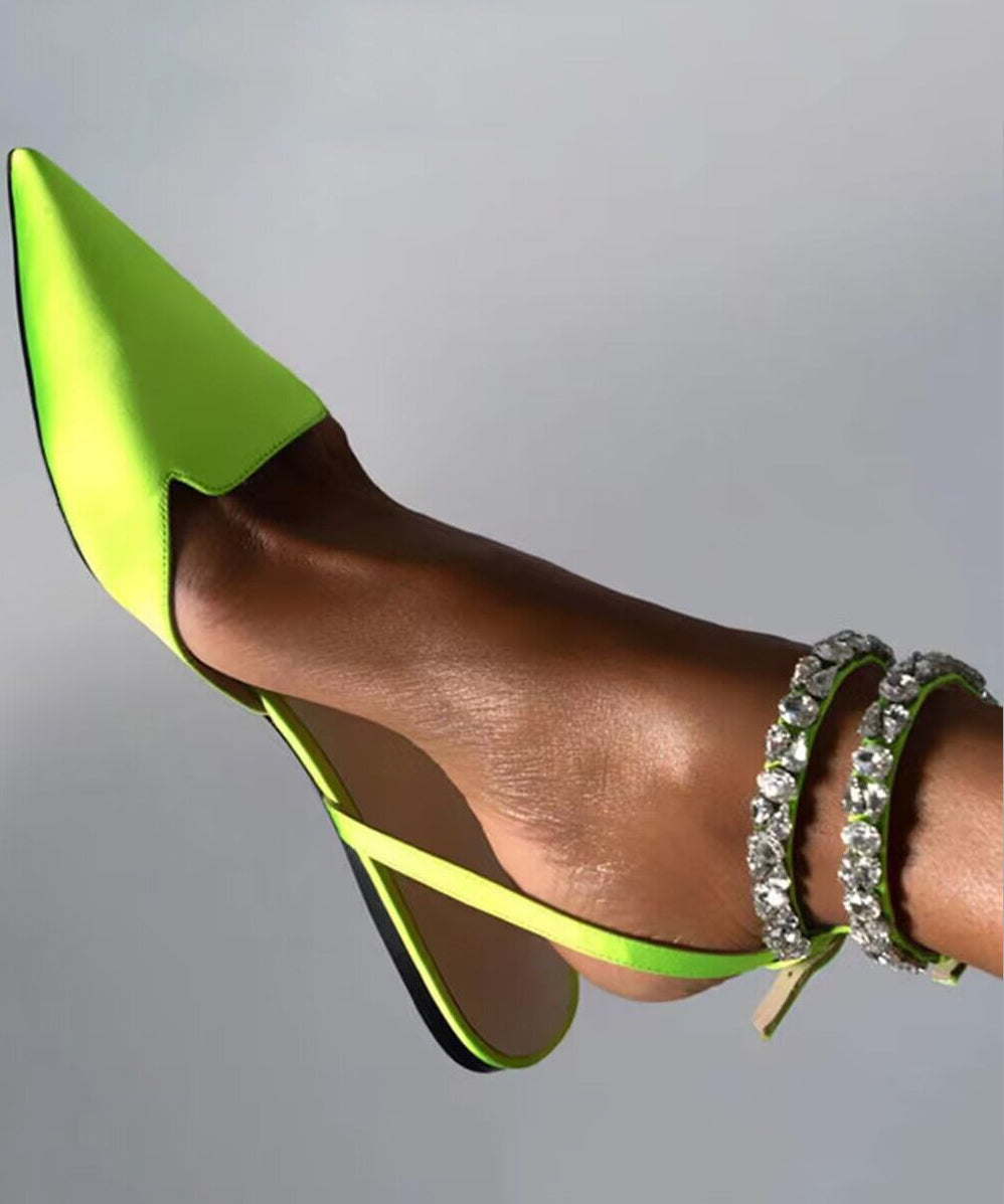 Style American Green Splicing Zircon Flat Toe Pointed Sandals FashionChic