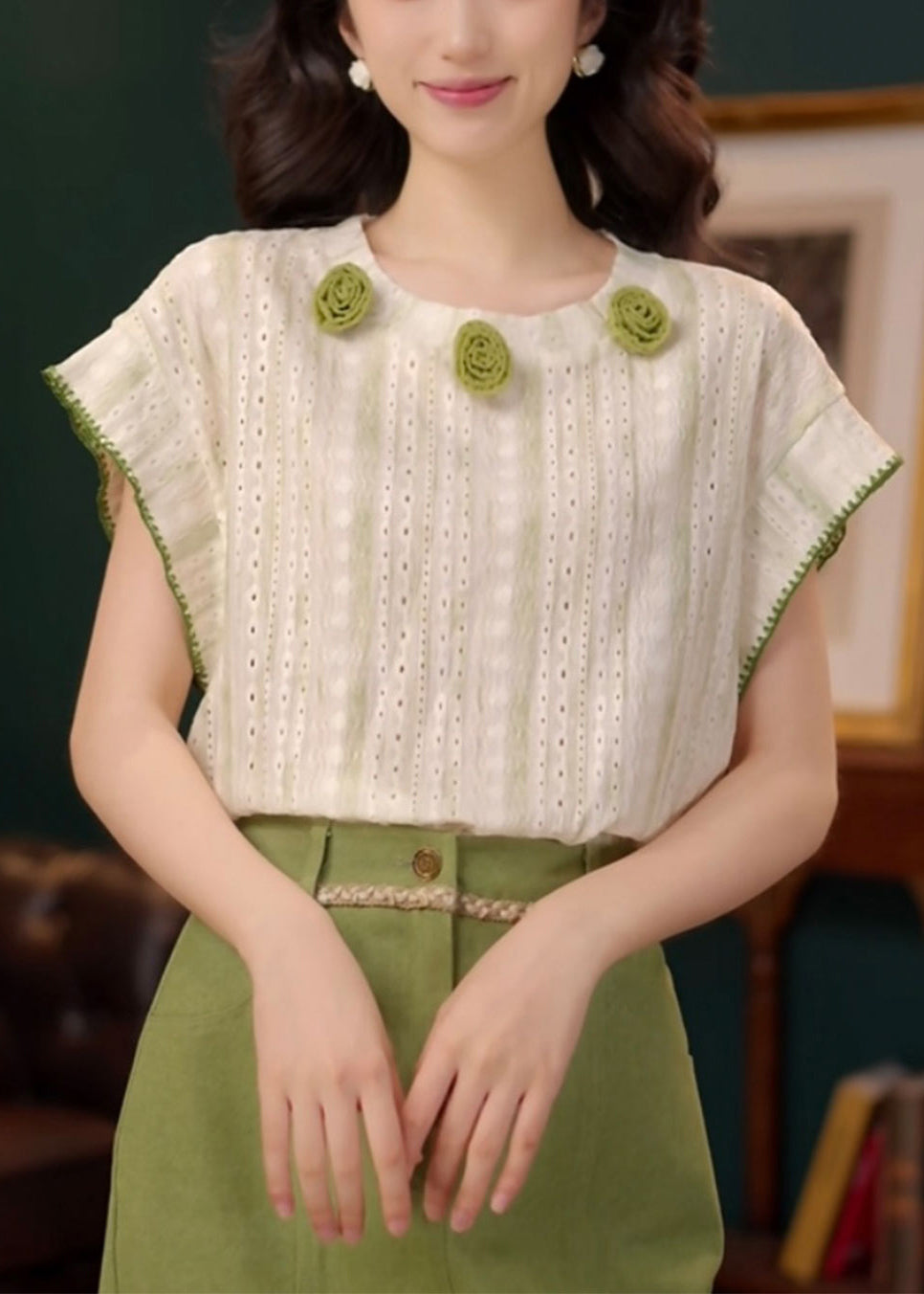 T Summer Neck O Shirts Green Out Hollow Cotton Striped FashionChic