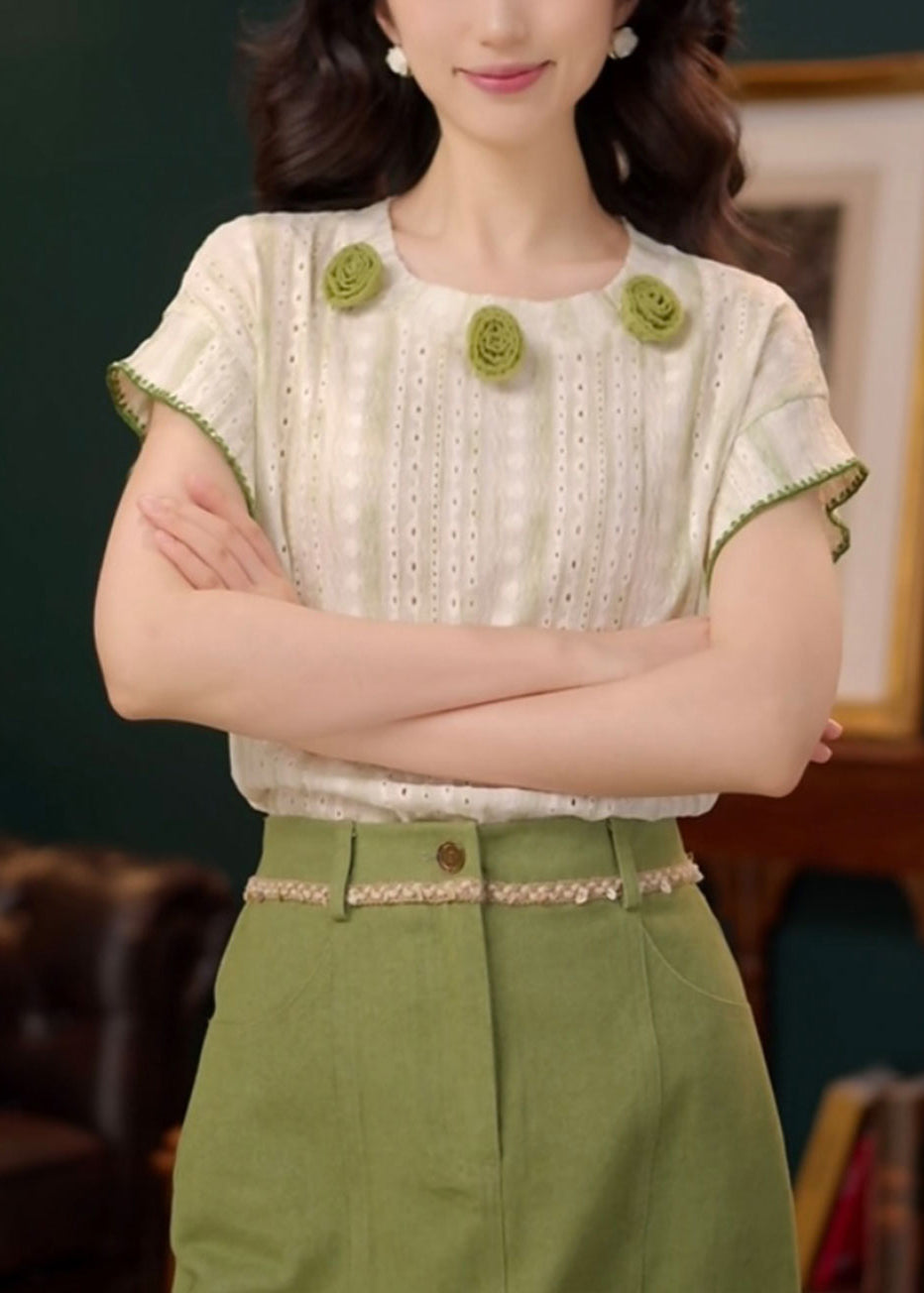 T Summer Neck O Shirts Green Out Hollow Cotton Striped FashionChic