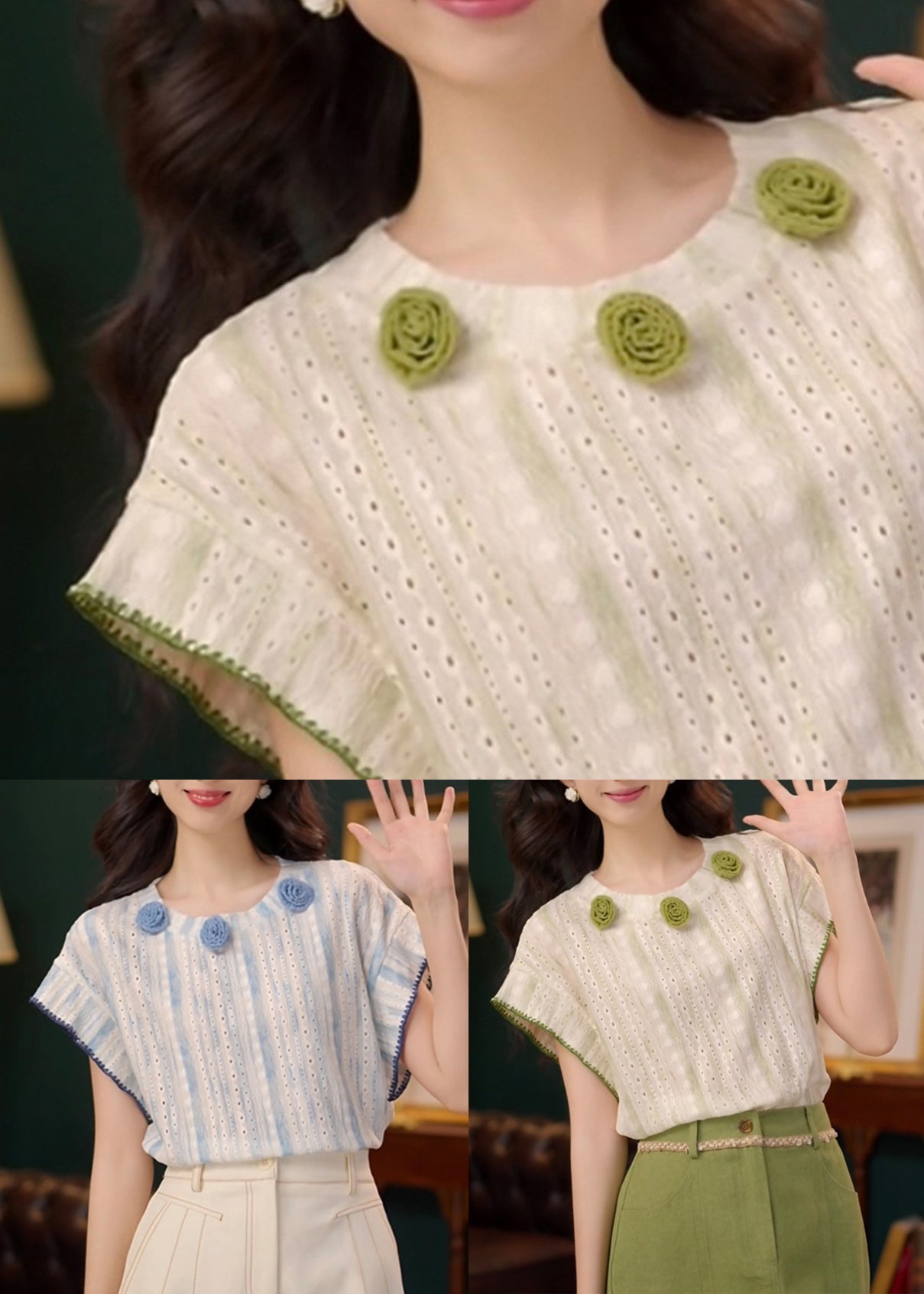 T Summer Neck O Shirts Green Out Hollow Cotton Striped FashionChic
