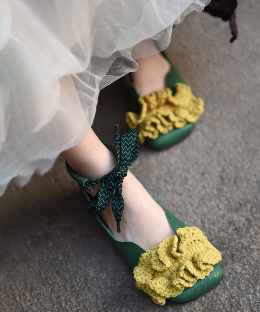 Green Knit Splicing Genuine Leather Cross Strap Flats Shoes RT1031 Ada Fashion