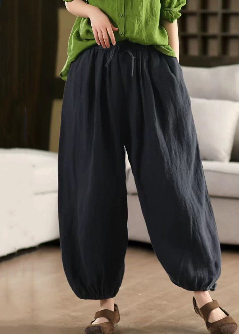 Pants Solid Summer LaceUp Elastic Linen Waist Green Crop FashionChic