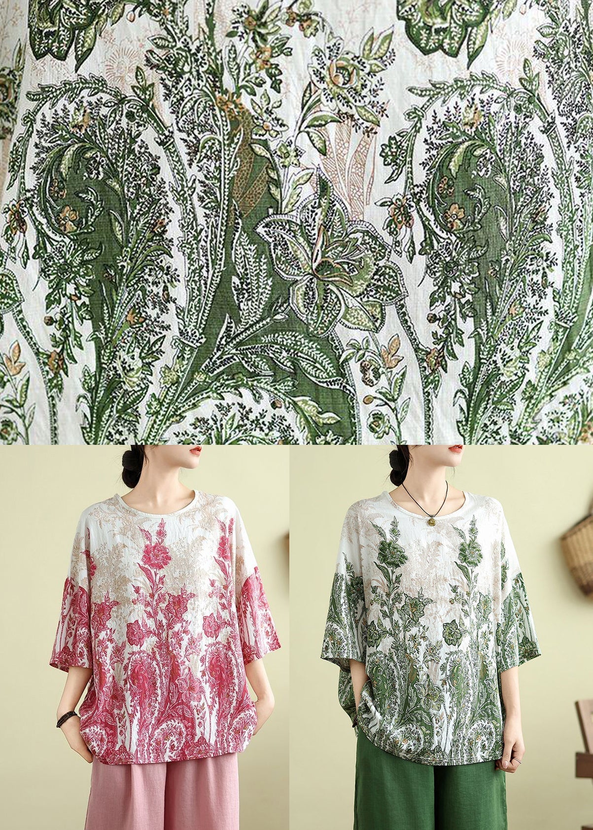 Summer Loose Top Green O-Neck Patchwork FashionChic