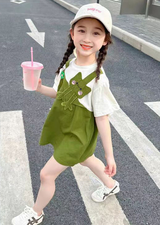 Green Patchwork Cotton Girls Mid Dress O Neck Short Sleeve EW045 WS-RCTZSDGM240809