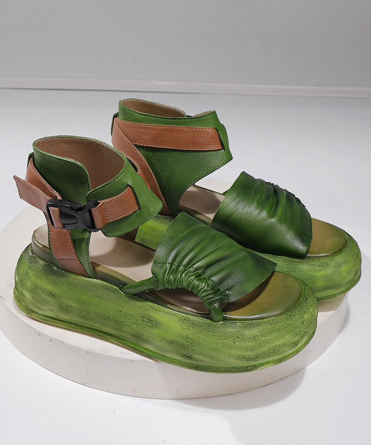 Vintage Green Leather Platform Splicing Sandals Cowhide FashionChic