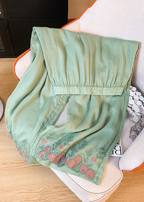 Waist Green Pants Elastic Embroidered Summer Pockets Linen Crop FashionChic