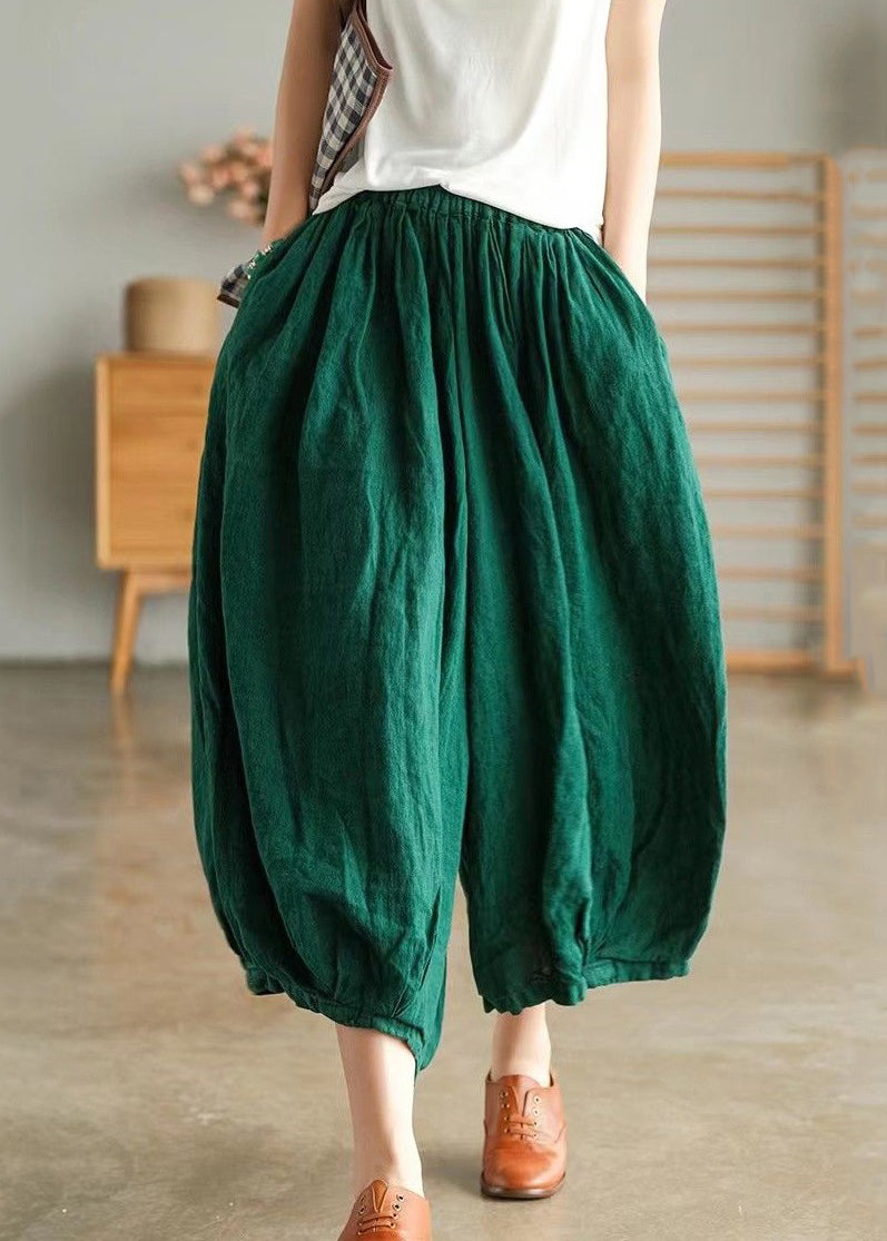 Green Pockets Solid Linen Wide Leg Pants High Waist Summer VV088 HS-CPTS240627