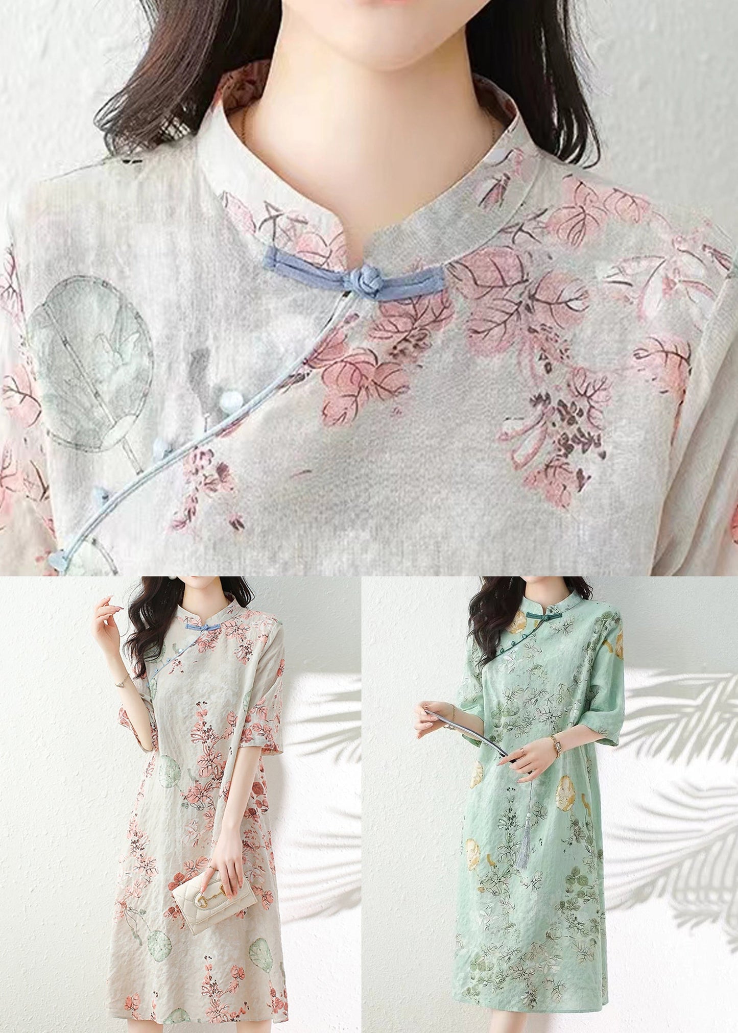 Green Print Linen Dresses Stand Collar Summer JH013 MMDM-SDL240717