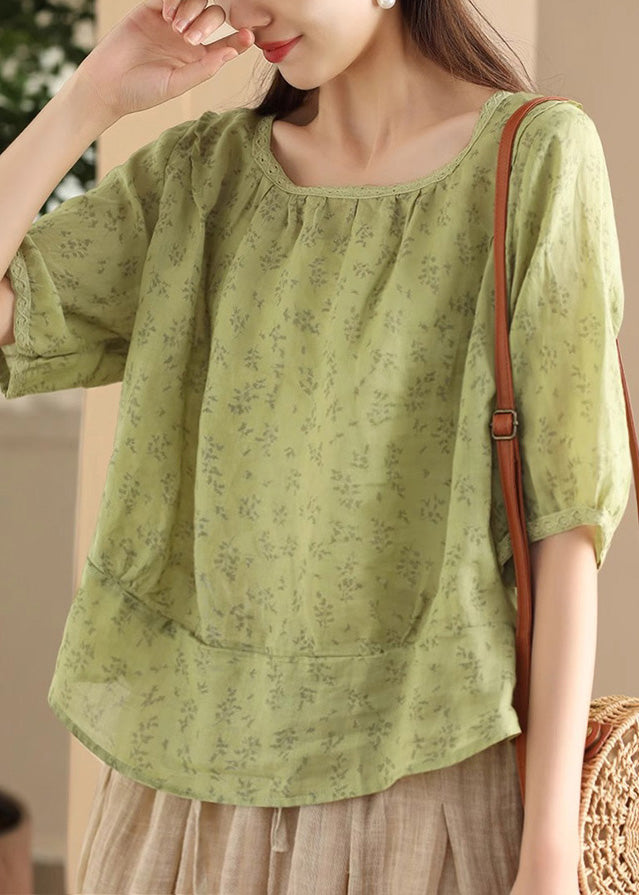 Sides Green Wear Print Both Sleeve Half Shirt On Button Linen FashionChic