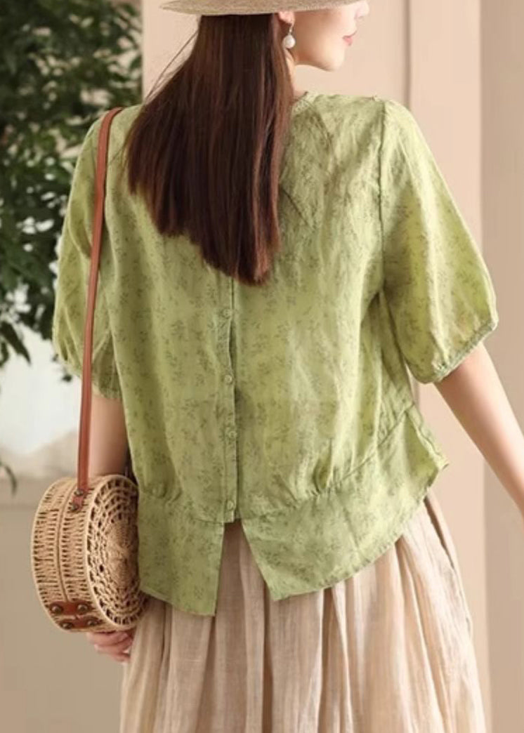 Sides Green Wear Print Both Sleeve Half Shirt On Button Linen FashionChic