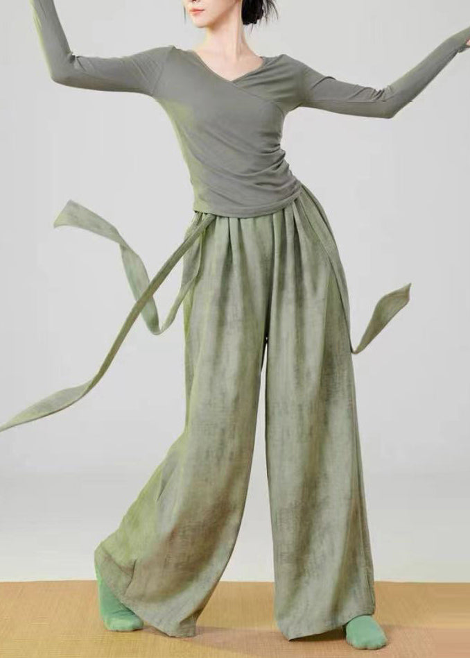 Green Tie Dye Linen Straight Pants Elastic Waist Spring MZF-LPTS250315