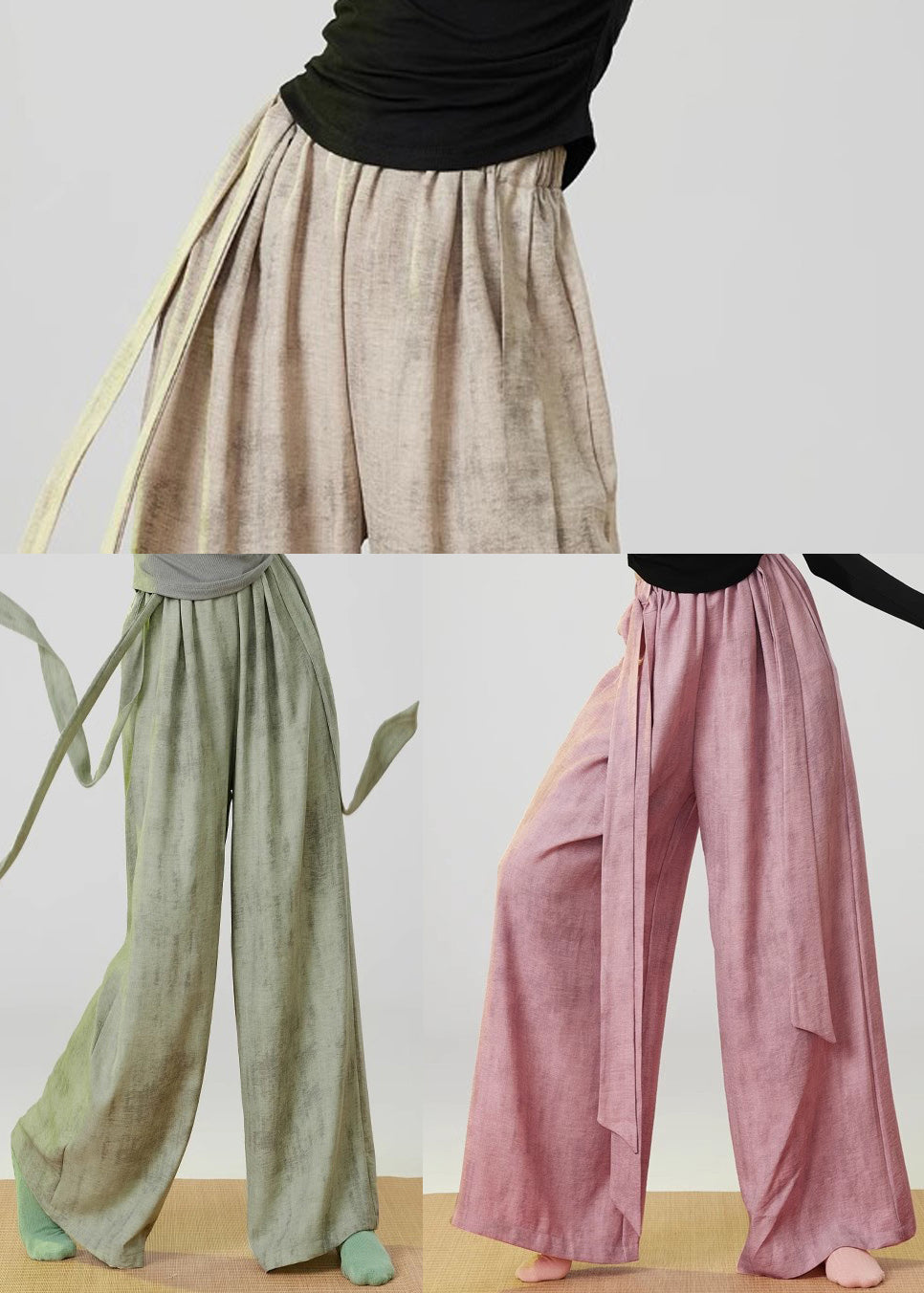 Green Tie Dye Linen Straight Pants Elastic Waist Spring MZF-LPTS250315