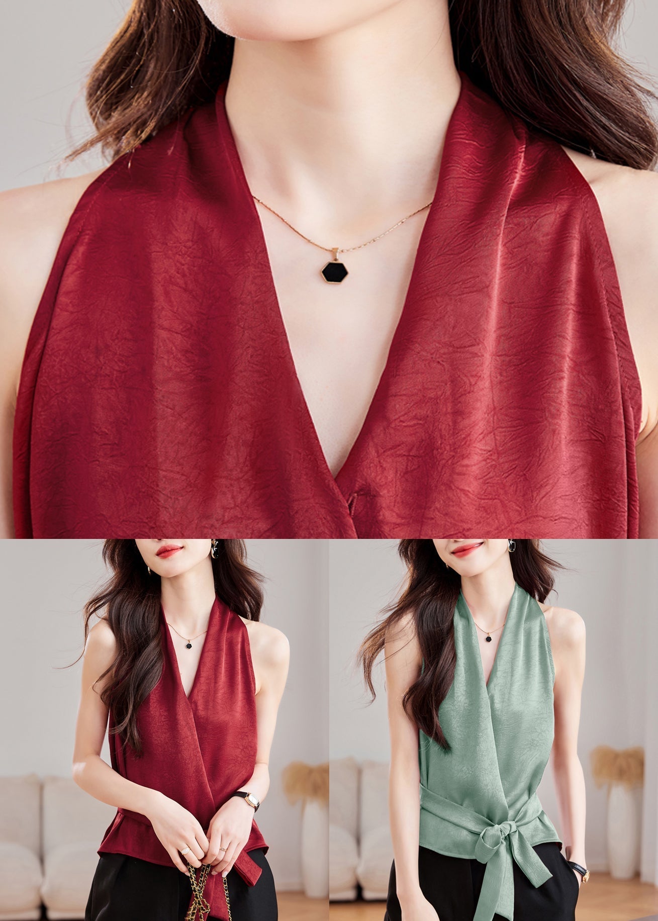 Waist Neck V Summer Tie Solid Green Tank Silk FashionChic