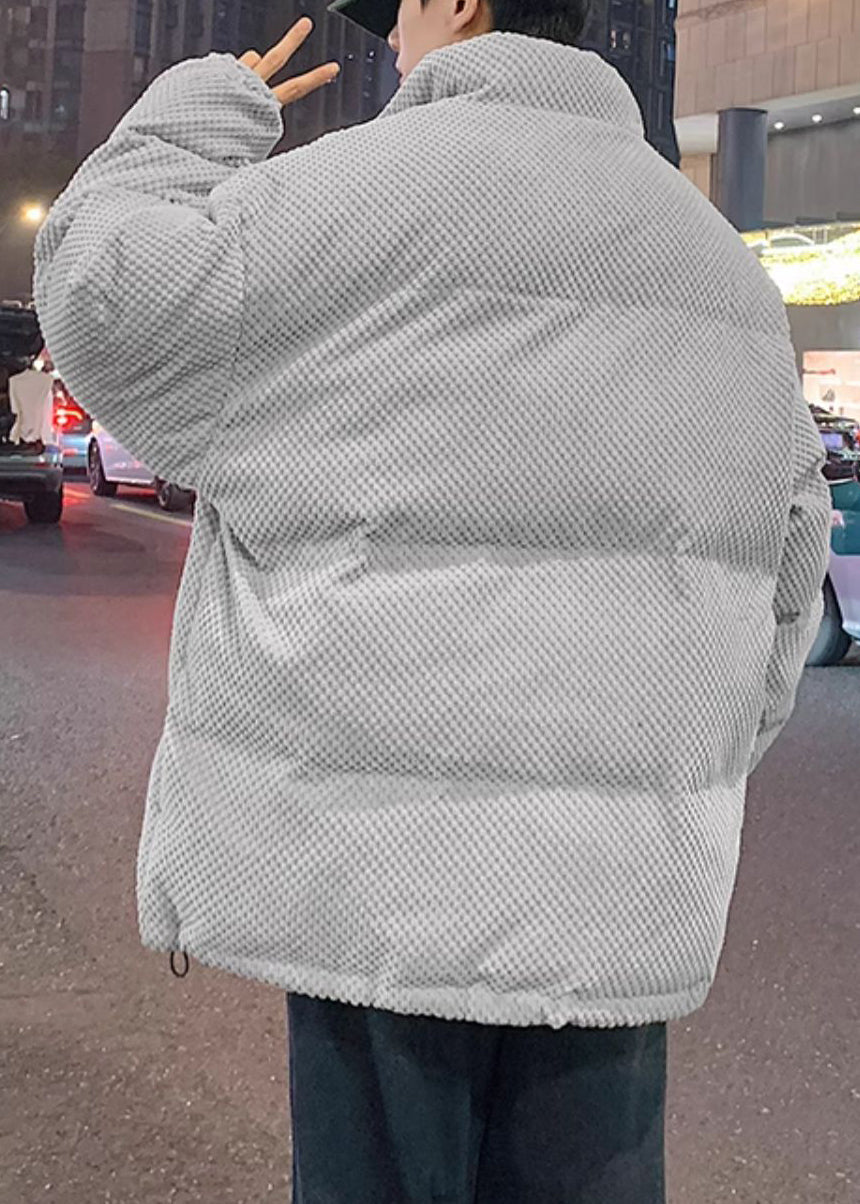 Grey Drawstring Solid Men Parkas Stand Collar WinterRM011 ABC