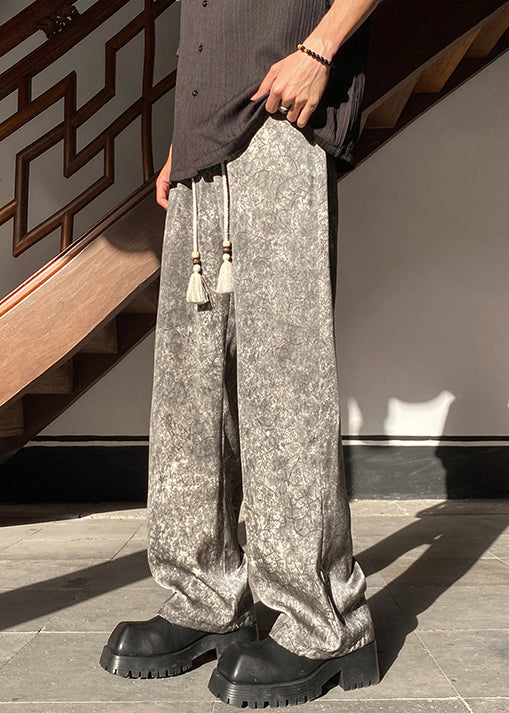 Pockets Waist Wide Elastic Leg Silk Grey Pants Mens FashionChic