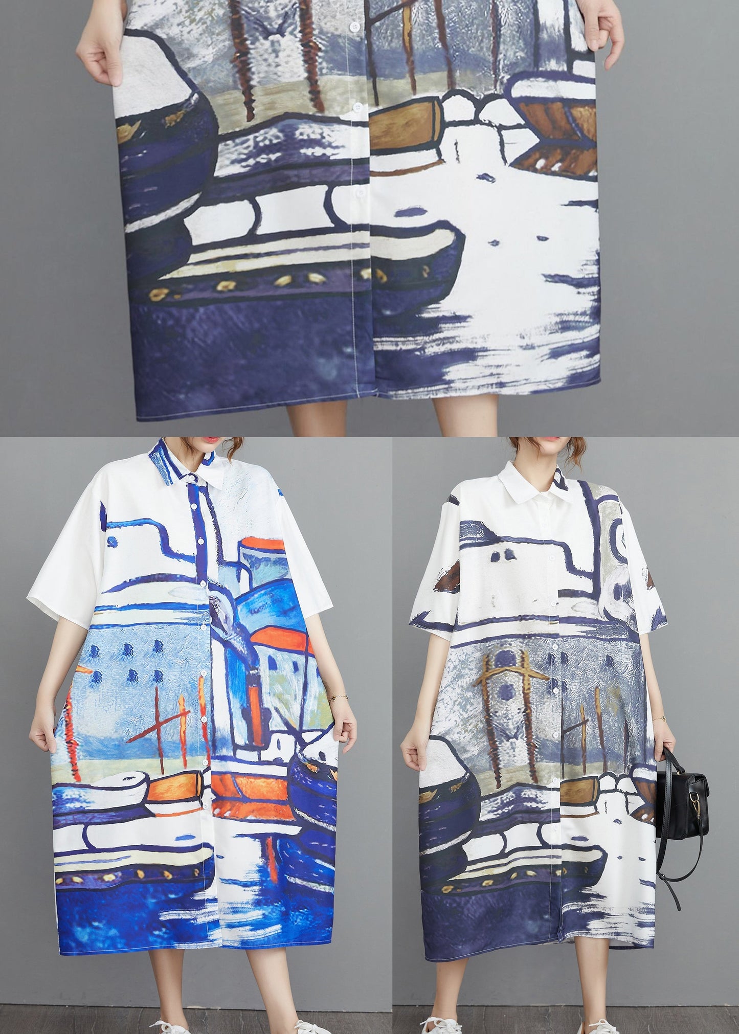 Print Summer Oversized Cotton Shirt Dresses Grey FashionChic
