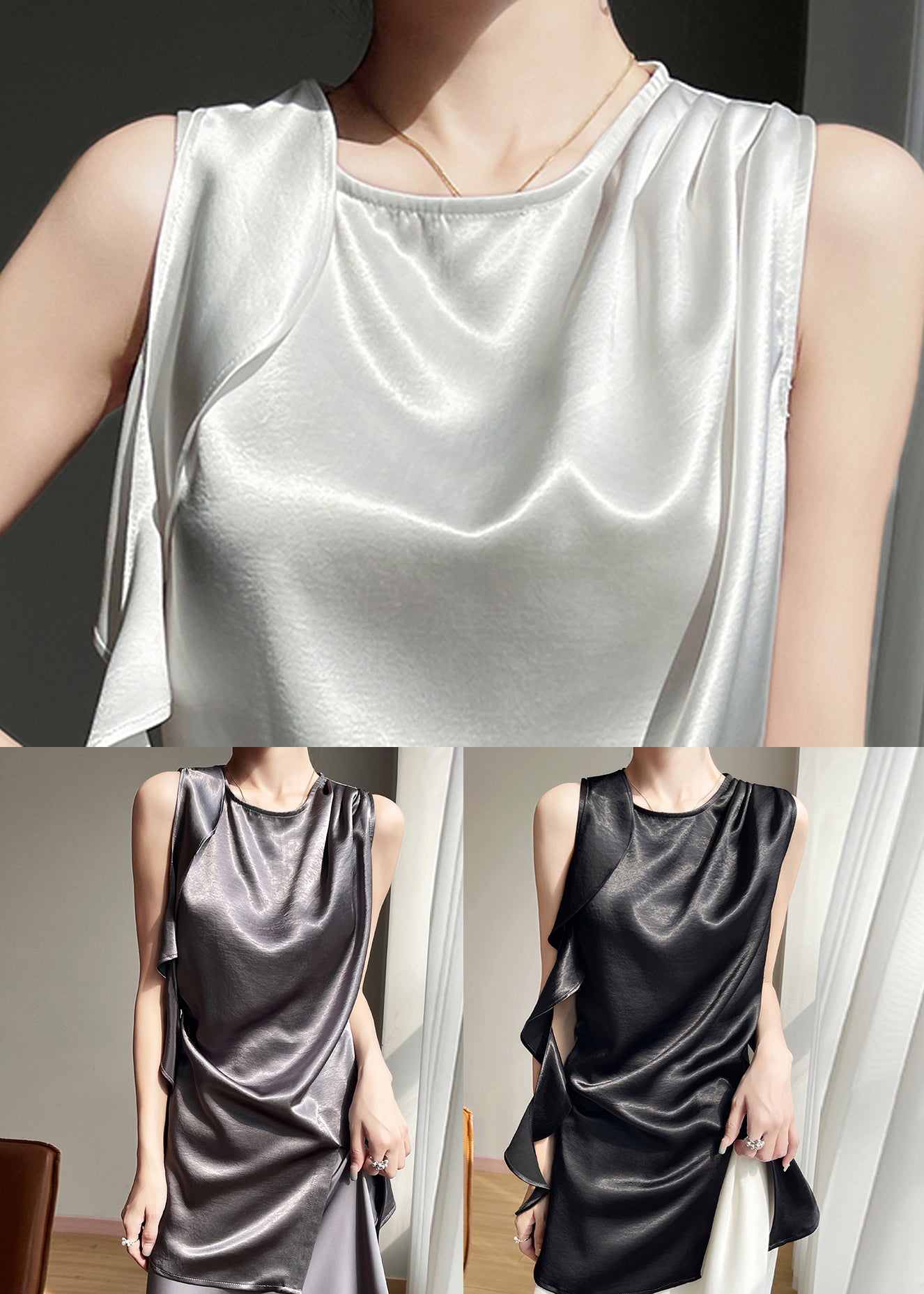 Side Open Sleeveless Tanks Silk Grey Ruffled FashionChic