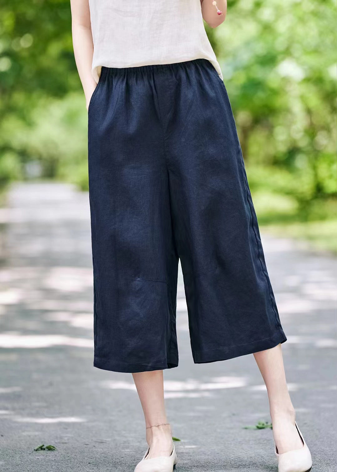 Wide Elastic Linen Summer Leg Pants Solid Waist Grey FashionChic