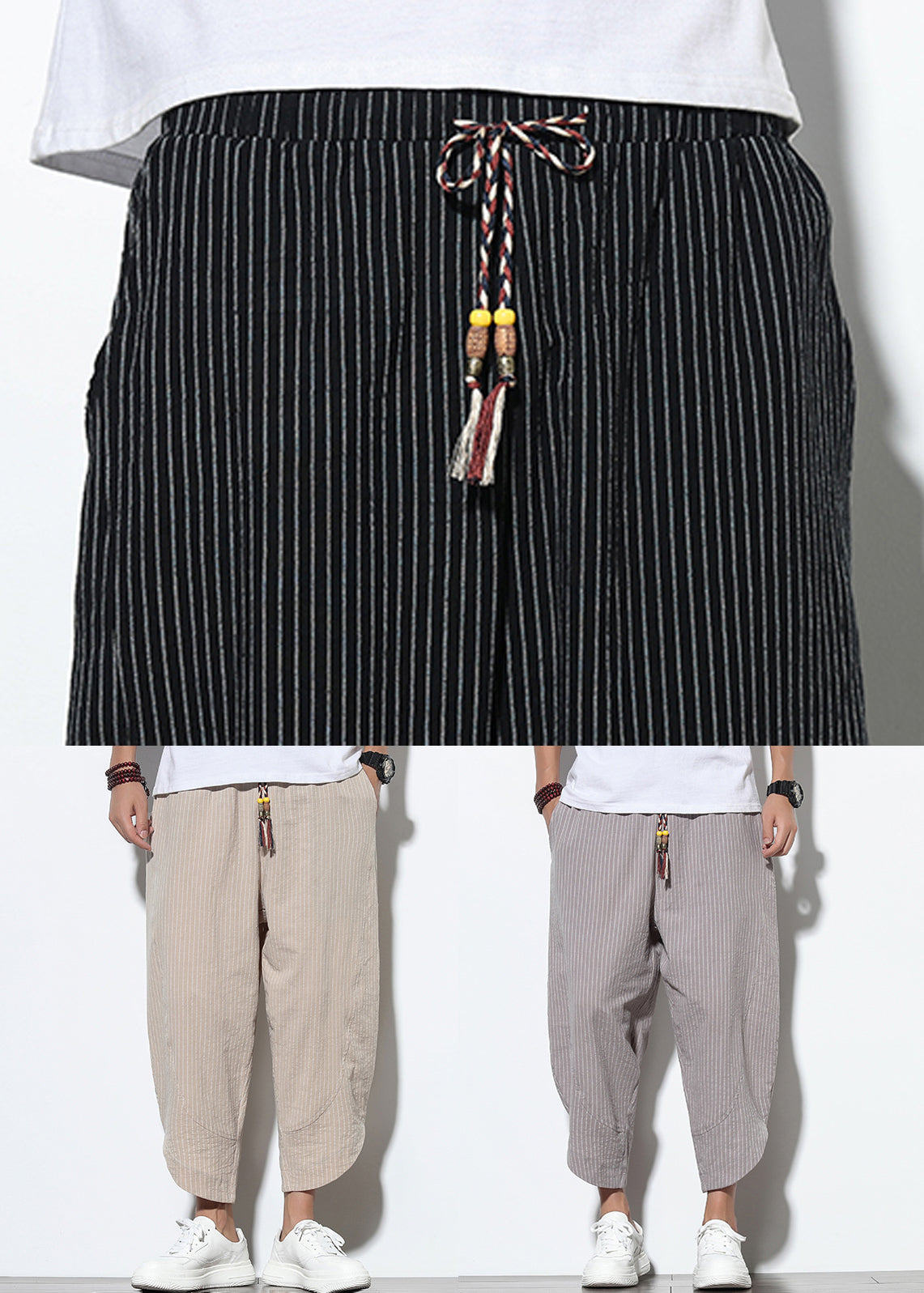 Striped Waist Grey Crop Summer Pockets Men Pants Cotton Elastic FashionChic