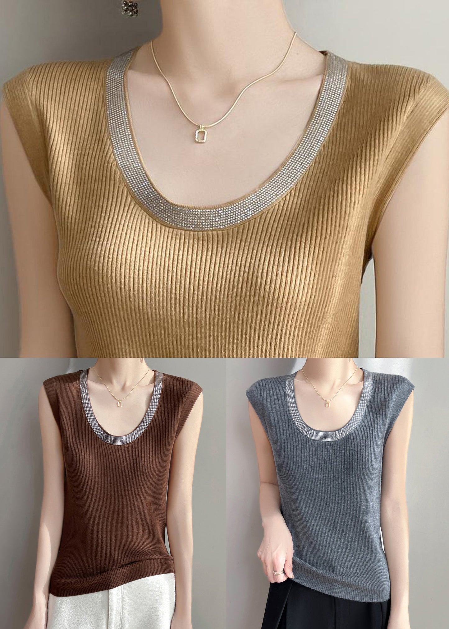 U Sleeveless Tank Knit Zircon Patchwork Neck Grey FashionChic