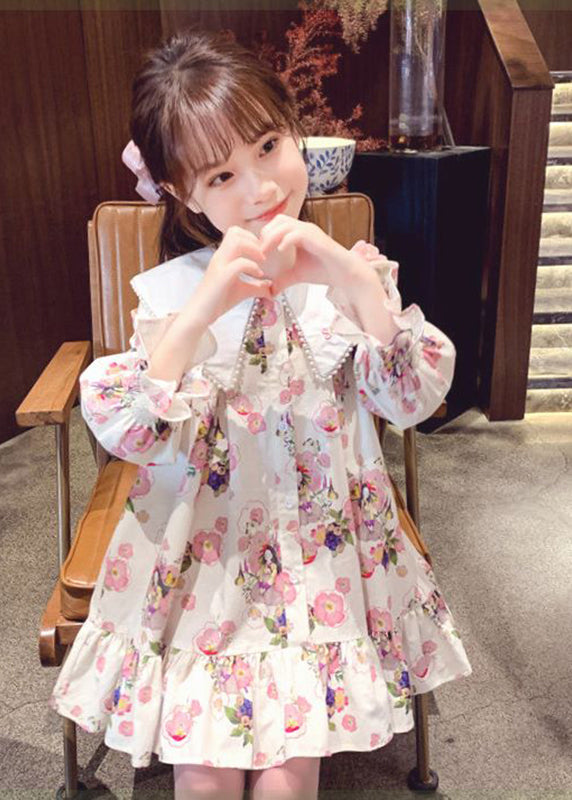 Handmade Apricot Print Nail Bead Girls Mid Dress Long Sleeve SS1044 MM-RCTZ-FDM240601