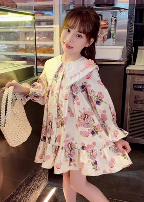 Handmade Apricot Print Nail Bead Girls Mid Dress Long Sleeve SS1044 MM-RCTZ-FDM240601