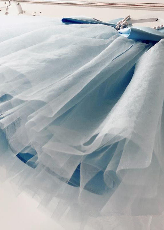 Handmade Baby Blue Nail Bead Backless Tulle Girls Long Dress Sleeveless YS015 ABC